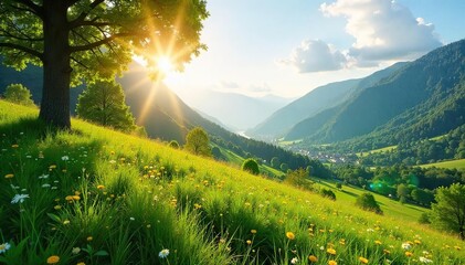 Serene Sunlight Bathes Tranquil Wilderness Landscape, Perfect for Mindful Reflection and Inner Peace; Ideal Meditation and Relaxation Imagery