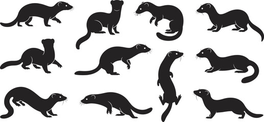 Otter silhouette vector set, cute wild animal poses, playful otters in motion, wildlife design elements, cartoon style illustrations