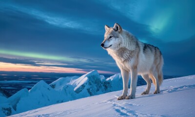 Fototapeta premium Solitary arctic wolf on snowy mountain ridge under northern lights sky