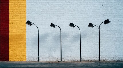 Four bowler hat lamps stand in a row against a textured wall of mixed colors, evoking a surreal and whimsical atmosphere