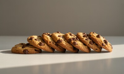 Delicious chocolate chip cookies neatly arranged in a row on a bright surface