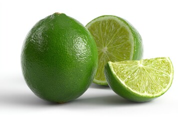 A group of whole, half, and quartered bright green limes arranged closely against a plain white background, showcasing their textured rinds