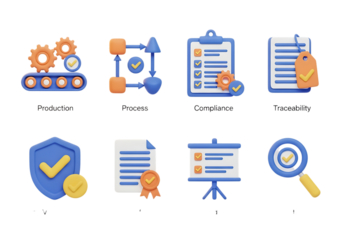 3d icon of collection of 3d icons representing business processes, quality control, and project management, isolated on transparent background