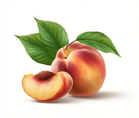 A digitally rendered image shows two ripe peaches and green leaves against a white backdrop, with one peach cut into a slice revealing the pit