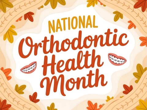 National orthodontic health month in autumn with teeth and leaves decoration