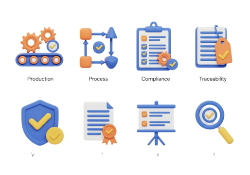 3d icon of collection of 3d icons representing business processes, quality control, and project management, isolated on transparent background