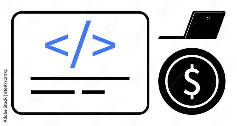 Poster code snippet on screen, laptop, and dollar icon representing programming, online business, finance, 