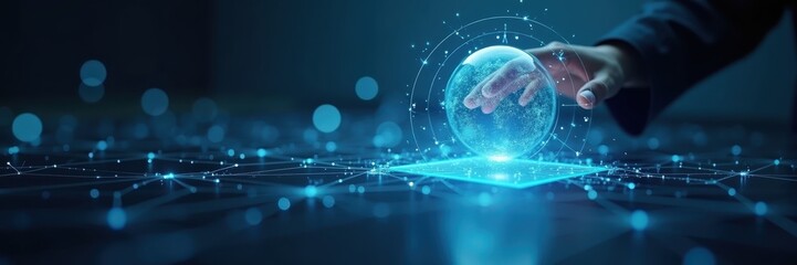A hand interacts with a holographic representation of a globe, set against a backdrop of interconnected data streams.