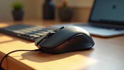 A black wired computer mouse on a wooden desk, with a keyboard and laptop in the background.