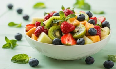 Vibrant fresh fruit salad with strawberries, blueberries, kiwi, and melon in a white bowl