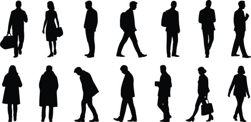 Silhouette of walking people, standing business men and women, urban street posture, modern lifestyle human figure vector illustration