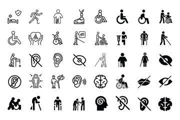 Vector pack of disability icons, including accessibility symbols, assistive devices, wheelchair icons, hearing and visual impairment symbols, and inclusive design elements. Perfect for websites, apps