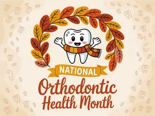 National orthodontic health month with cute tooth and autumn wreath