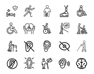 Vector pack of disability icons, including accessibility symbols, assistive devices, wheelchair icons, hearing and visual impairment symbols, and inclusive design elements. Perfect for websites, apps
