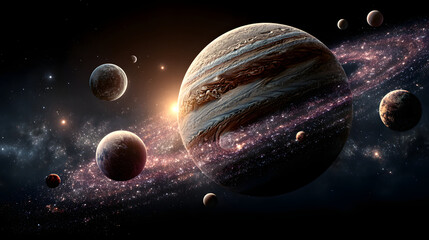 Vibrant planets and cosmic elements in a beautiful galaxy illustration 