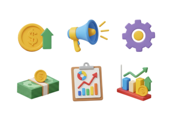 3d icon of collection of 3d icons representing business growth, finance, and marketing concepts, isolated on transparent background
