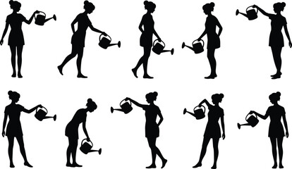 Silhouette of woman watering plants with watering can, gardening activity, nature care, plant nurturing, outdoor hobby, gardening vector illustration