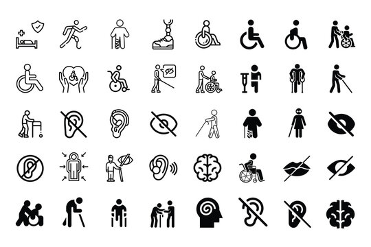 Vector pack of disability icons, including accessibility symbols, assistive devices, wheelchair icons, hearing and visual impairment symbols, and inclusive design elements. Perfect for websites, apps