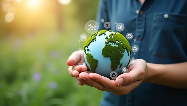 Hands hold a small Earth model with icons of eco-friendly elements like recycling and wind power around it, in a natural setting. - Powered by Adobe