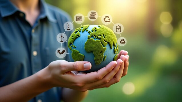 Hands hold a small Earth model with icons of eco-friendly elements like recycling and wind power around it, in a natural setting.