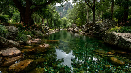 Serene river flowing through lush green forest with clear water 