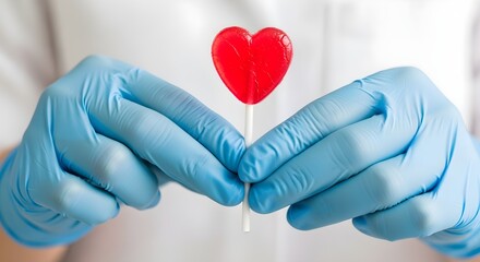 Close-up of a doctor's hand in medical gloves holding a heart-shaped lollipop.