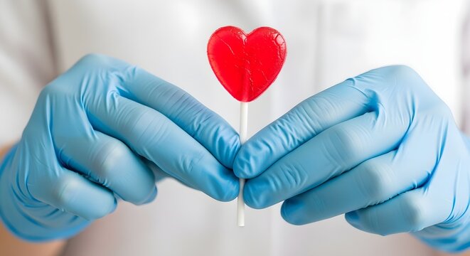 Close-up of a doctor's hand in medical gloves holding a heart-shaped lollipop.