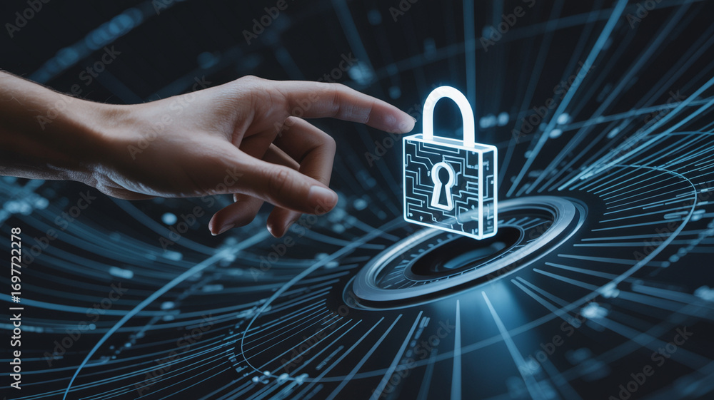 Poster cyber security digital data protection concept with hand touching padlock technology interface