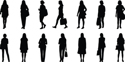 Silhouettes of diverse women walking and standing, female figures with bags, fashion poses, black vector art, isolated white background, lifestyle, urban, people