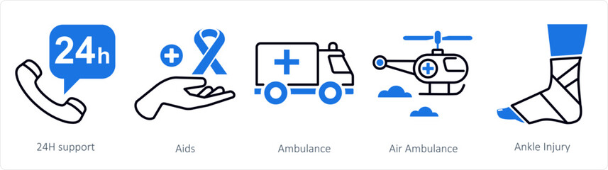 A set of 5 mix icons as 24h support, aids, ambulance