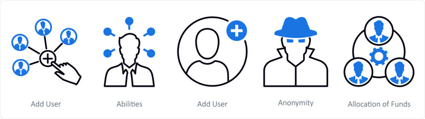 A set of 5 mix icons as add user, abilities, anonymity