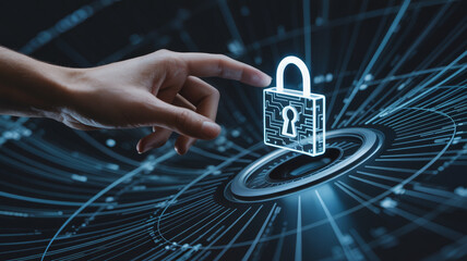 Cyber security digital data protection concept with hand touching padlock technology interface