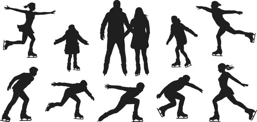 Silhouettes of men, women, and kids ice skating, winter activity, figure skating, cold weather fun, vector design elements