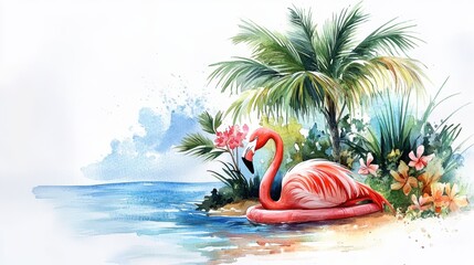 Flamingo floating on inflatable ring at tropical beach