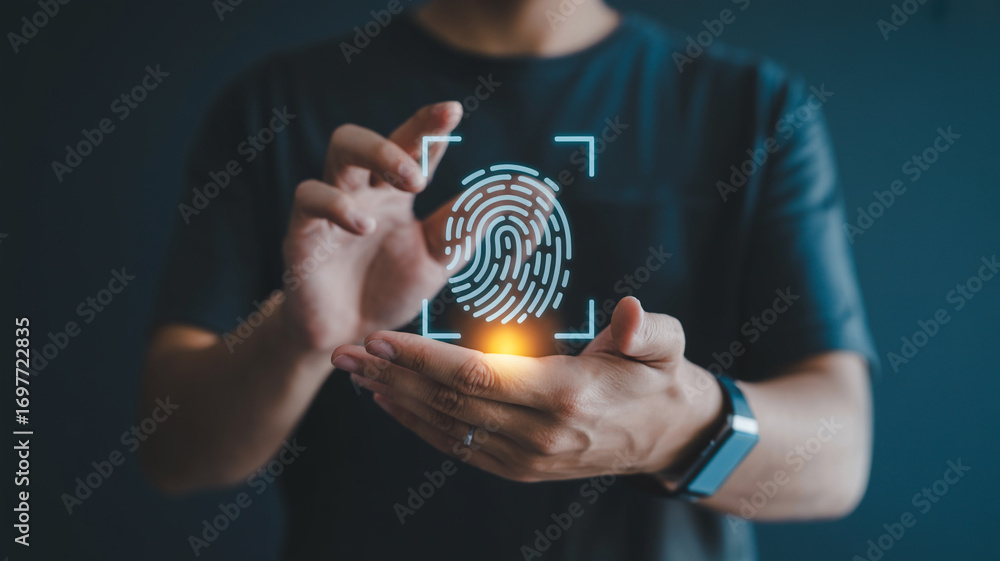 Poster Man using fingerprint scan technology for secure access and data protection with biometric authentication system