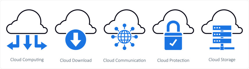 A set of 5 mix icons as cloud computing, cloud download, cloud communication