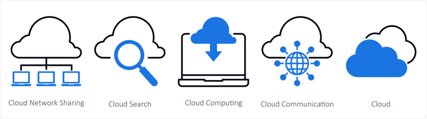A set of 5 mix icons as cloud network sharing, cloud search