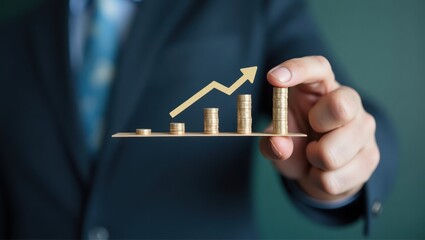 A hand holds a graphic representation of increasing stacks of coins, signifying financial growth.