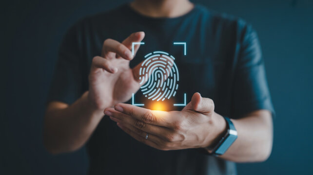 Man using fingerprint scan technology for secure access and data protection with biometric authentication system - Powered by Adobe