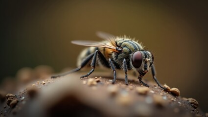 Close-up of a fly with intricate patterns, resting on a textured surface, showcasing detailed features and warm earthy tones.
