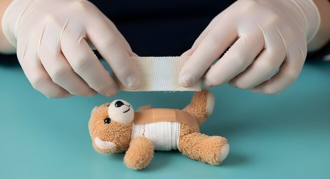 Gloved hands gently applying a bandage to a wounded teddy bear.