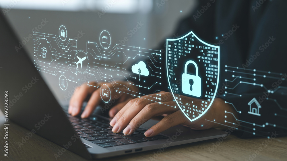 Poster cyber security concept using laptop for online data protection and digital privacy network safety 10