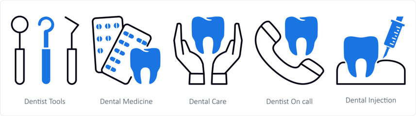 A set of 5 mix icons as dental tools, dental medicine, dental care
