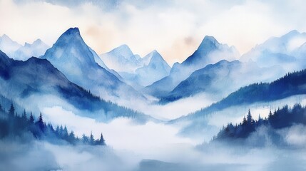 Misty mountain range with serene trees in daytime