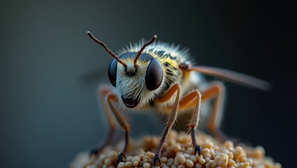 Close-up of a tiny insect, showcasing detailed textures and intricate patterns, against a blurred dark background.