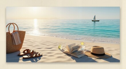 Relaxing beach scene with hat, book, and tote bag on sand  