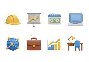 3d icon of collection of business and finance icons including a hard hat, presentation, calendar, laptop, globe, briefcase, graph, and desk, isolated on transparent background