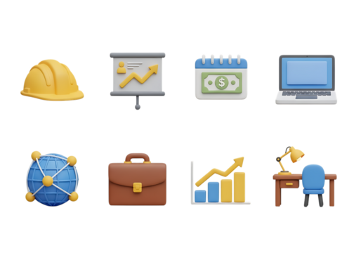 3d icon of collection of business and finance icons including a hard hat, presentation, calendar, laptop, globe, briefcase, graph, and desk, isolated on transparent background