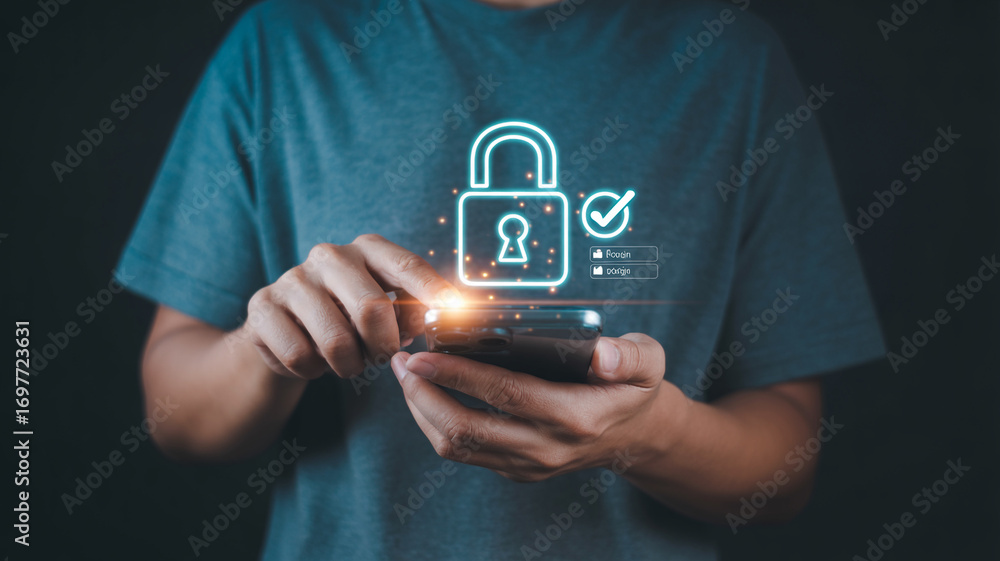 Poster secure mobile banking app data protection and online payment safety with digital padlock security