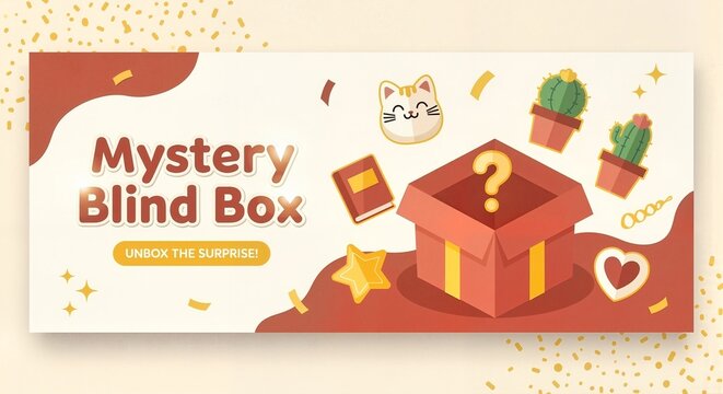 Mystery blind box design featuring surprise elements and icons  